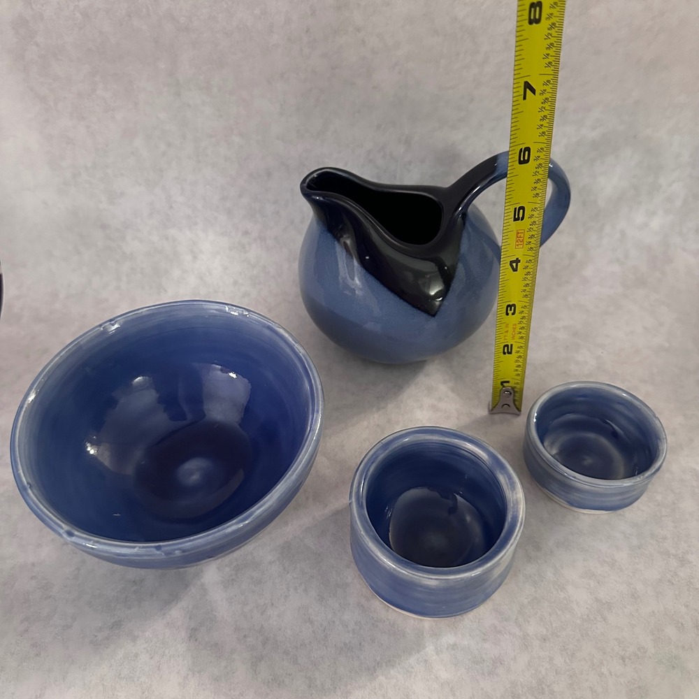 Blue Glazed Ceramic Pitcher Bowl Set 4 Pieces Small Creamer Cup - Picture 14 of 16